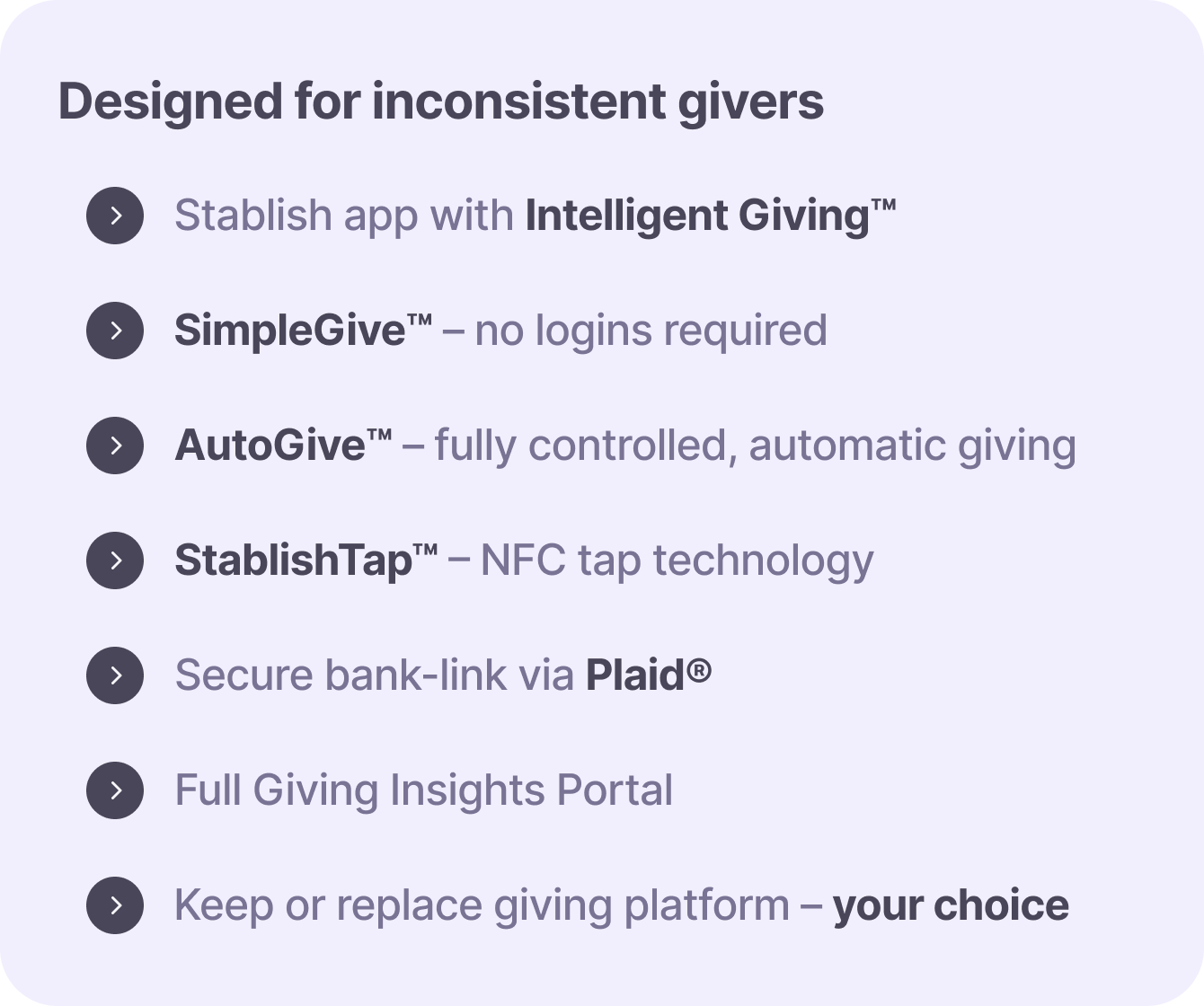 Designed for inconsistent givers - featuring Intelligent Giving, SimpleGive, AutoGive, StablishTap, Plaid integration, Full Giving Insights Portal, and platform flexibility